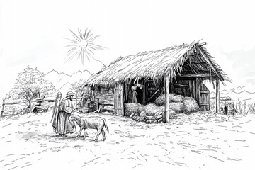 Fototapeta premium Birth of Jesus in a rustic hut with Mary, Joseph, and gathered figures celebrating Christmas Day in minimalist hand-drawn art style