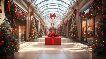 Beautiful holiday-decorated shopping mall during Christmas season with festive red ornaments