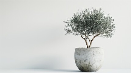 Obraz premium A small olive tree in an elegant stone pot, highlighting its slender trunk and small leaves against a stark white background.