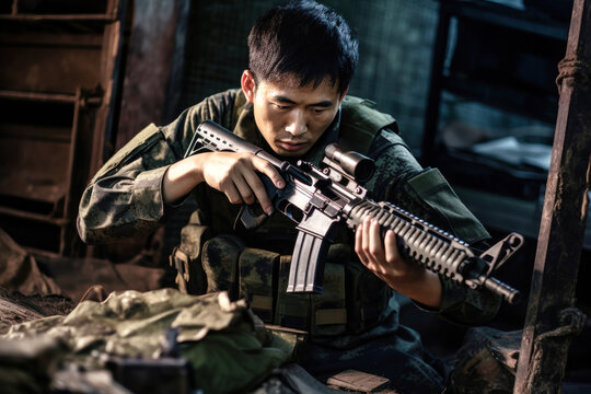 Chinese soldier meticulously preparing his rifle in a dimly lit military barrack during a training exercise