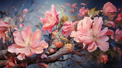 Vibrant colorful flowers blooming in a lush garden, with a soft blurred background of greenery and sunlight creating a serene and peaceful atmosphere
