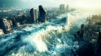 Aerial view of a city engulfed by a massive tsunami, revealing chaos and destruction with high waves crashing onto abandoned coastal streets