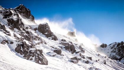Snowy stone mountain. Snow covered rocky mountain