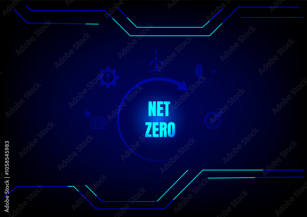 Wall mural net zero concept. net zero with renewable energy reduce icon on blue technology background. green pr