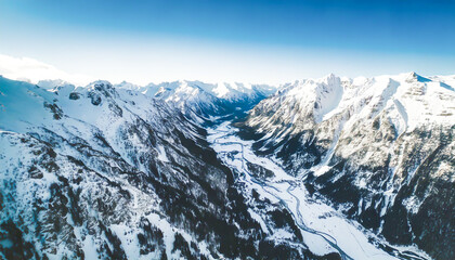 Snowy stone mountain. Snow covered rocky mountain