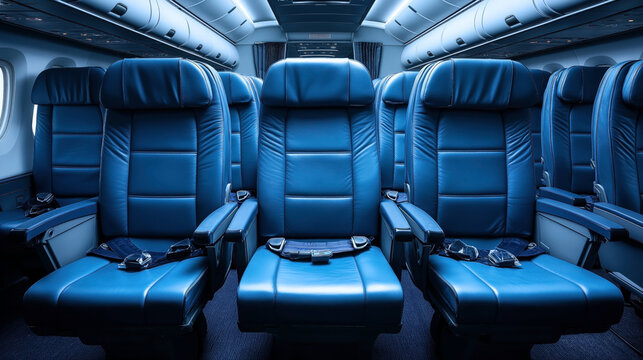 Interior of an airplane cabin featuring three rows of blue leather seats with seatbelts, armrests, and overhead compartments.