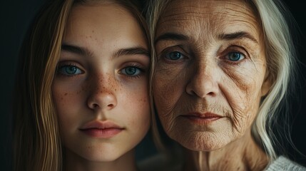 Portrait showing the same person young and old, highlighting the aging process and passage of time.