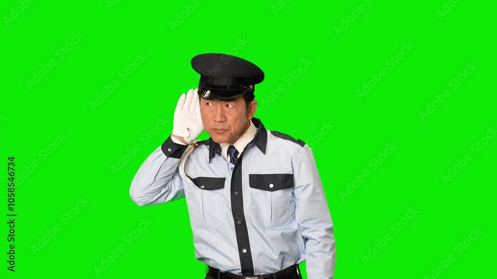 Aufkleber 聞き耳を立てる男性警備員　クロマキー合成用グリーンバック動画