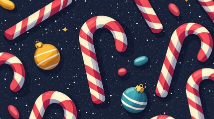 Obraz premium Festive Candy Canes with Colorful Ornaments in a Pattern