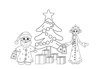 Vector New Year coloring page. Snow Maiden, Santa Claus, Christmas tree, gifts, gift bag, gift box, top star, garland. Doodle black and white illustration for Christmas designs.