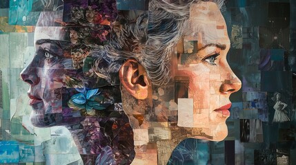 Collage shows a woman's aging process with overlapping portraits, symbolizing transformation and time.