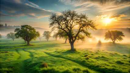 Misty forest landscape with green trees in fog with Gnarled Trees and Dewy Green Field