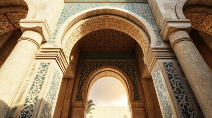 Obraz premium Decorative arch with unique tilework on building entrance, ample copy space.
