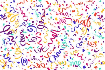 Confetti vector seamless background for birthday party celebration and carnival decoration. Colored ribbons of serpentine falling and firework explosion. Flat illustration