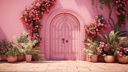 Charming pink house door with lush green plants and colorful flowers in front; vibrant pink door set against matching wall with blooming floral arrangement adding curb appeal



