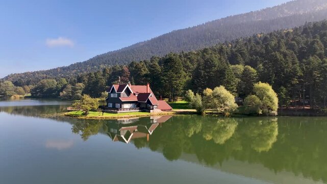Bolu Golcuk Lake and famous house view with reflections.