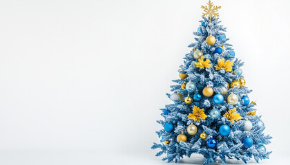 Christmas tree with blue and yellow decorations, white background, copy space, Ukrainian Christmas concept