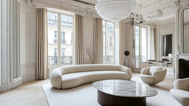 Modern elegant living room with large chandelier and contemporary furniture in a stylish apartment