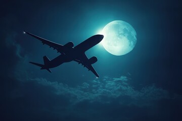 Sleek Aircraft Flying Under Bright Moonlight