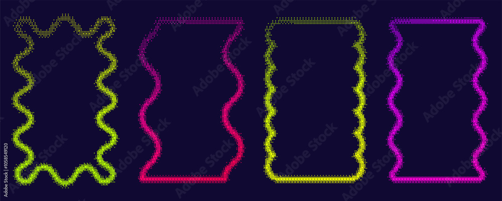 Poster pixel pattern texture wavy frame. bitmap dotted retro abstract y2k border. vector dither squiggle ge