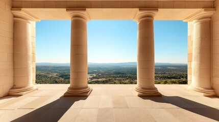 Fototapeta premium Classical stone columns on a building terrace with panoramic view of landscape under clear blue sky