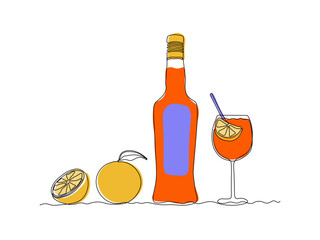 spritz aperol cocktail and orange. Glass bottle with liquor, alcohol. continuous single line art drawing sketch, logo
