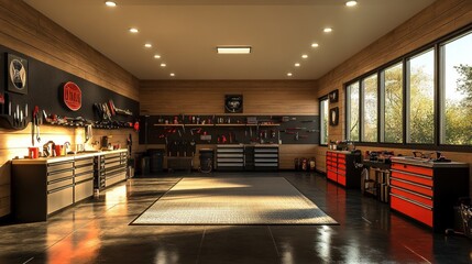 A well-organized workshop with tools and storage solutions.