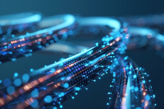Abstract digital network with glowing blue and orange fibers