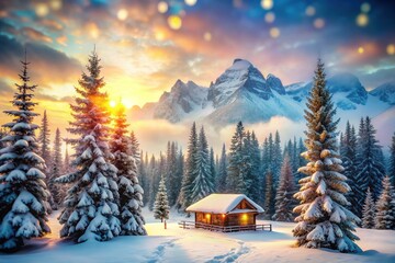 Fototapeta premium Bokeh-filled winter scene, quaint shelters nestled amidst snowy mountains.