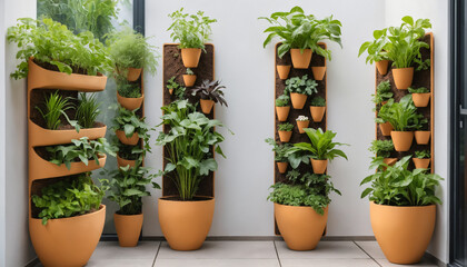 biodegradable flower pots in a home garden with vertical planters