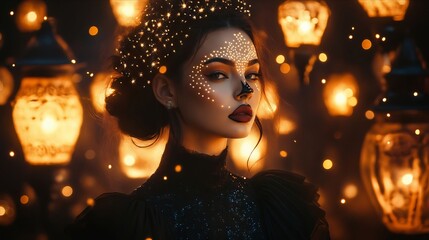 A woman in a black dress standing in front of a bunch of lanterns