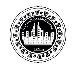 Egypt's coin 1 pound 2019 City of El Alamein. Obverse of Egyptian one pound coin in vector illustration. The coin is depicted in black and white.