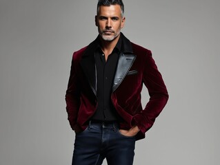 Fototapeta premium A man in a red velvet jacket and black shirt posing for a picture