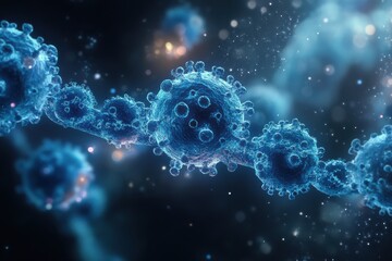 Blue Virus Cells in Floating Microscopic View for Scientific and Educational Use