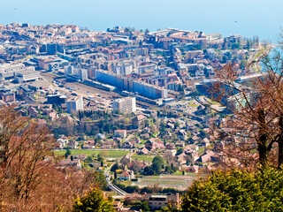 Aerial view over City of Vevey with Lake Geneva in the background, Vevey town, Switzerland.