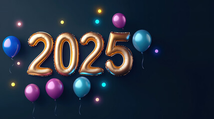 colorful foil balloons in the shape of "2025" on dark background
