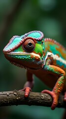 Fototapeta premium A chameleon with bright scales moves carefully along a branch.