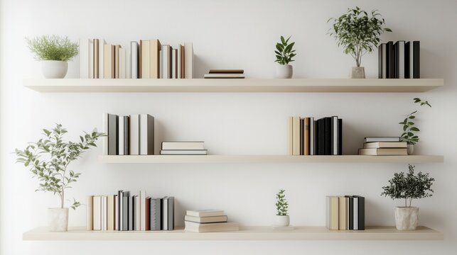 Close-Up  Zoom Virtual Background. Cozy Minimalist Home Decor Shelves Displaying Houseplants and Books. Cozy Interior Backdrop, Living Room Background, Virtual Meetings
