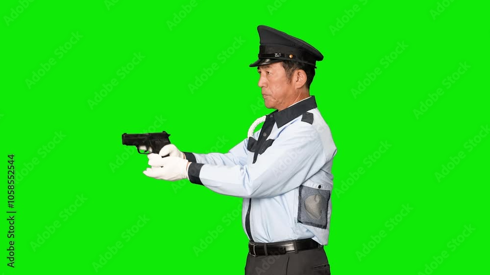 Poster ピストルを構える男性警察官　クロマキー合成用グリーンバック動画