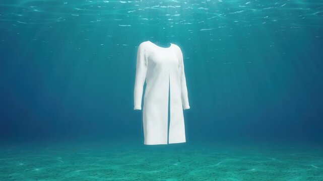 Stain remove from cloth animation 4k render. 3d animation of cloth washing and whitening process. Gradient blue water bubbles fly around the t shirt and clean the fibers.