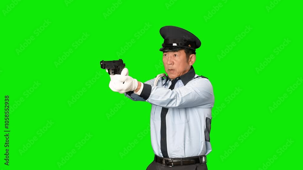 Aufkleber ピストルを構える男性警察官　クロマキー合成用グリーンバック動画
