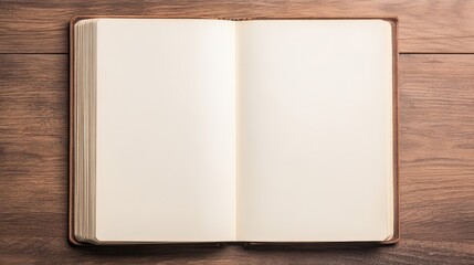 An open book on a wooden table, showcasing blank pages ready for notes, sketches, or ideas.