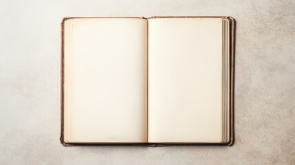 An open blank book on a textured surface, perfect for journaling, sketching, or note-taking. Ideal for creative inspiration.