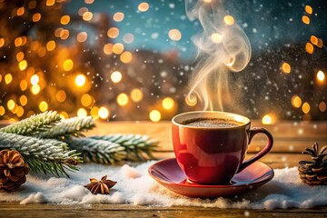 Fototapeta premium Christmas Card with Cup of Hot Cocoa and Snowflakes Bokeh