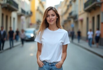 Fototapeta premium A young woman wearing a blank white t-shirt - Mockup