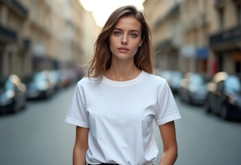 A young woman wearing a blank white t-shirt - Mockup