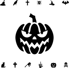 Horror and scary halloween faces silhouette icon, Pumpkin, emoji and tattoo ghost smile spooky jack evil mouth eyes scary silhouette illustration 
