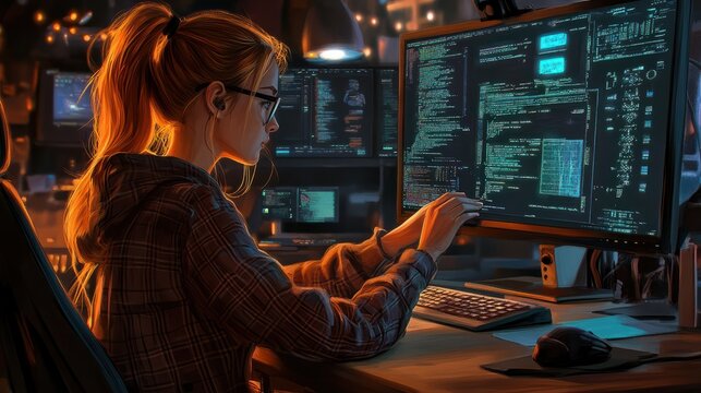 The programmer girl works at the computer
