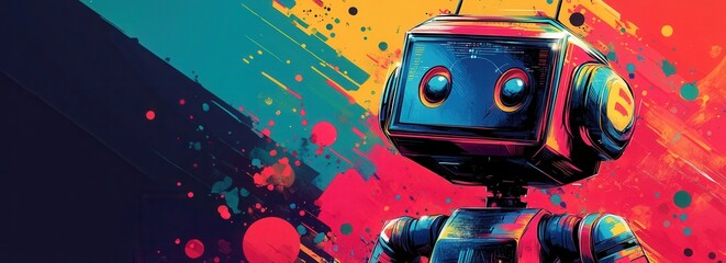 Fototapeta premium Playful AI robot made of colorful geometric shapes stands against a vibrant background, symbolizing excitement about the future of technology, background, banner