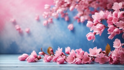 Obraz premium Spring background with pink flowers on heavenly background